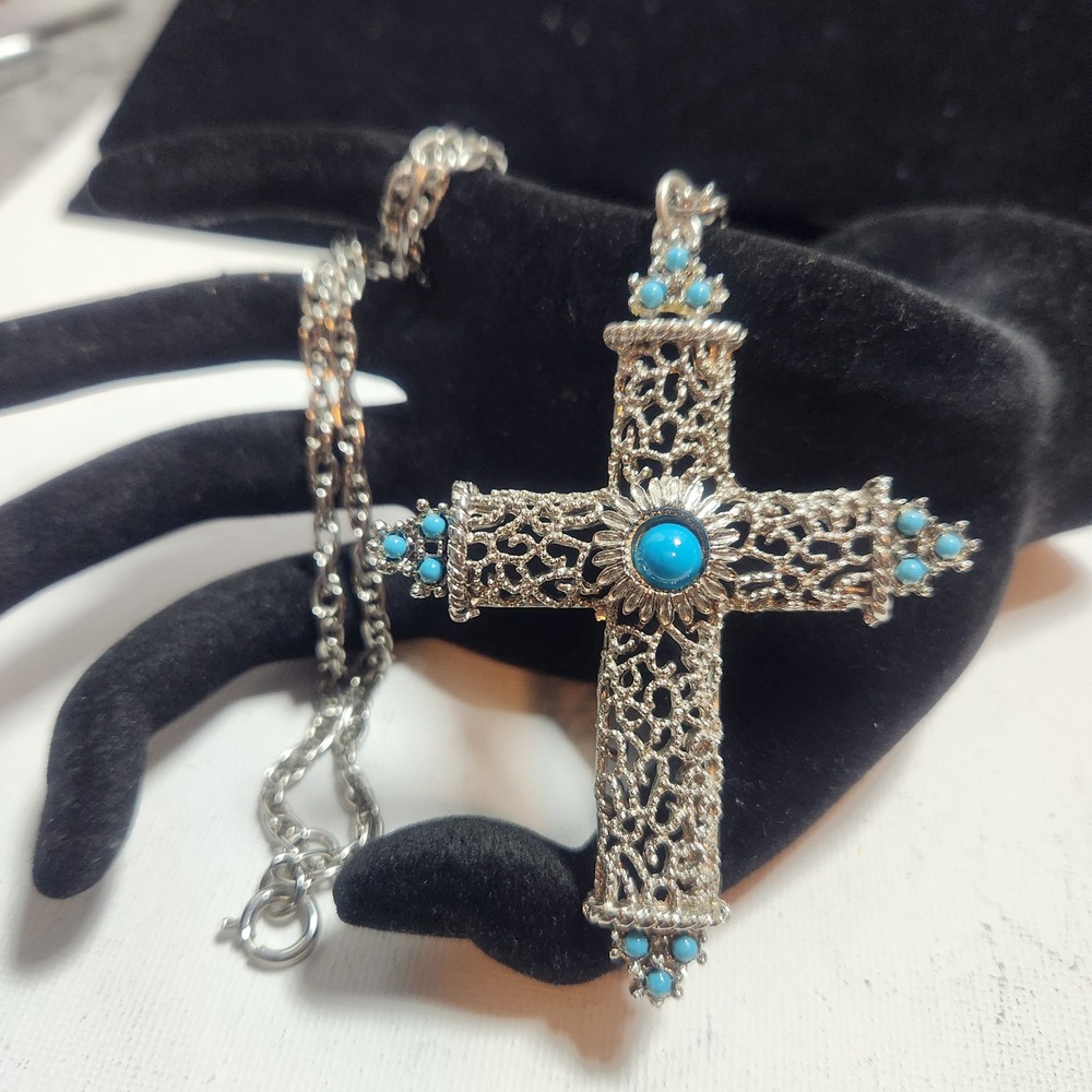 Vintage Silver Tone Filigree Cross Necklace Turquoise color Cabochon Pendant